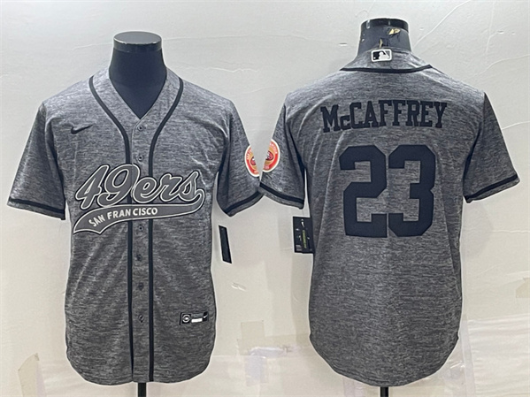 Men's San Francisco 49ers #23 Christian McCaffrey Gray With Patch Cool Base Stitched Baseball Jersey